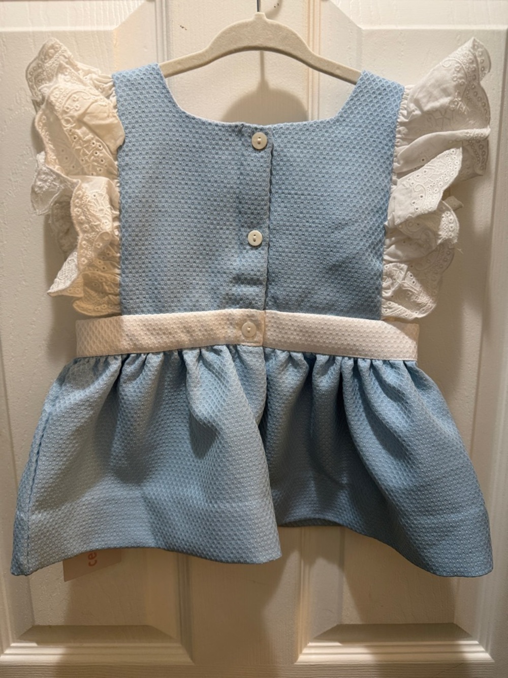 Blue Embroidered Pinafore Set with Eyelet Sleeve Top - Picture 5 of 6